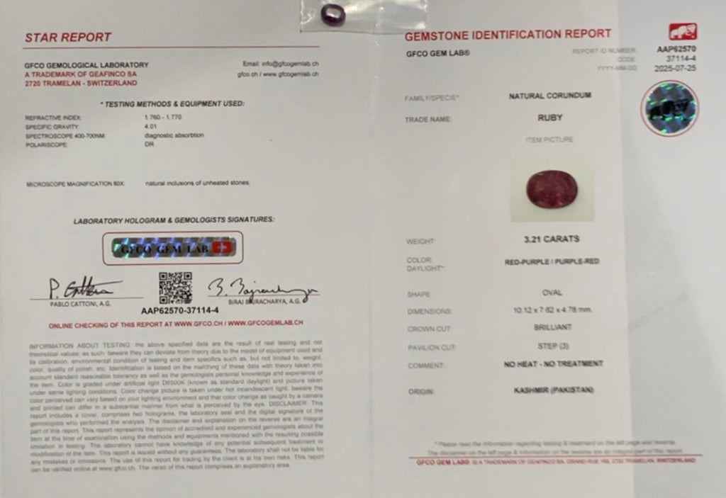 Untreated Rare Certified 3.21 Carat Red Purple Colour Natural Ruby Kashmir