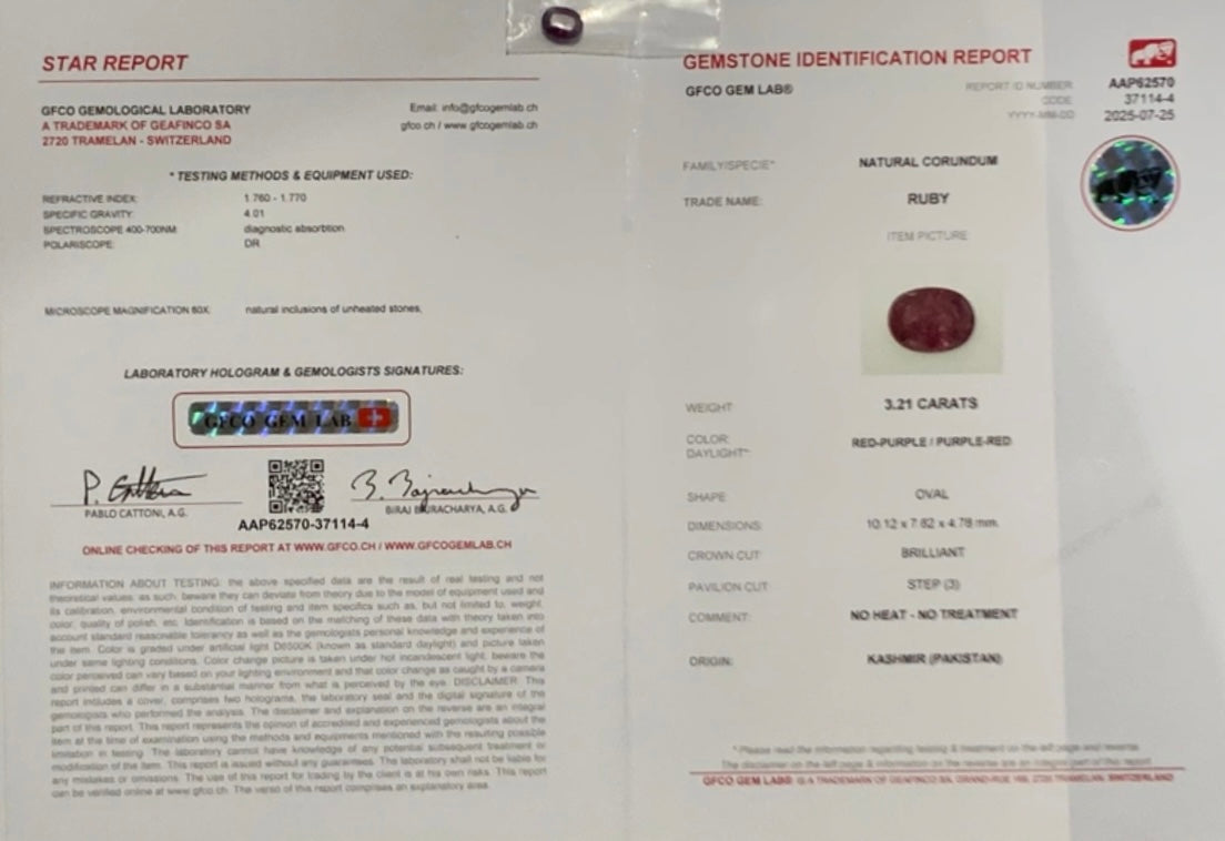Untreated Rare Certified 3.21 Carat Red Purple Colour Natural Ruby Kashmir
